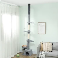 PawHut Floor to Ceiling Cat Tree, 4 Tiers Tall Kitty Climbing Tower with Scratching Post, Adjustable Height 87-100"(m-1)