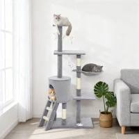 PawHut 53" Cat Tree Tower, Kitten Activity Centre with Scratching Posts, Condo, Perches, Ladder, Hammock, Dangling Toys, Grey(m-8)