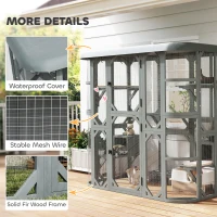 PawHut Catio Outdoor Cat Enclosure, 71" Wooden Cat House with Platforms, Condos and Waterproof Cover for 2–3 Kittens, Grey(m-7)