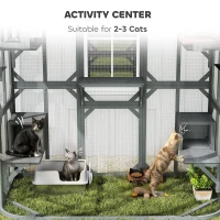 PawHut Catio Outdoor Cat Enclosure, 71" Wooden Cat House with Platforms, Condos and Waterproof Cover for 2–3 Kittens, Grey(m-4)