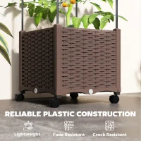 Outsunny Raised Garden Bed with Trellis, Tomato Cage with Lockable Wheels, Self Watering Planter Box with Drainage Holes, Brown(m-8)