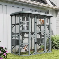 PawHut Catio Outdoor Cat Enclosure, 71" Wooden Cat House with Platforms, Condos and Waterproof Cover for 2–3 Kittens, Grey(m-8)