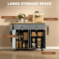 HOMCOM Kitchen Island with Storage, Rolling Trolley Cart with Rubber Wood Top, Spice Rack, Towel Rack, Grey(m-6)