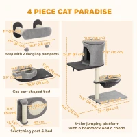 PawHut 4Pcs Cat Wall Shelves with Scratching Post & Pad, Condo, Hammock, Bed, Step, Hanging Pompoms, Perches(m-3)