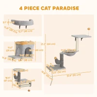 PawHut Cat Wall Shelves, 4 Pcs Cat Wall Furniture Set with Scratching Posts, Condo, Hammock, Perchs, Light Grey(m-3)