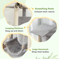 PawHut 66 Inch Large Cat Tree with 2 Door Condos, 3 Big Hammocks, Plush Top Perch, Sisal Scratching Posts, Light Grey(m-6)