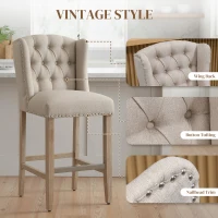 HOMCOM Counter Height Bar Stools Set of 2, 27" Seat Height Upholstered Barstools, Farmhouse Kitchen Island Stools with Nailhead-Trim, Tufted Back and Wooden Legs, Beige(m-4)