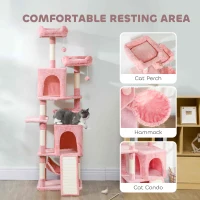 PawHut Cat Tree, 70" Multi-Level Cat Tower with 2 Condos, 2 Perches, Hammock, Toy Balls, Scratching Posts and Board, Pink(m-5)
