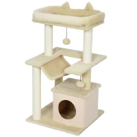 PawHut 39.25'' Cat Tree Tower Multi-Level Kitten House with Scratching Post Condo Hammock Bed Ball Toy - Beige(m-2)