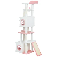 PawHut 65 Inch Cat Tree with 2 Doors Condos, Plush Top Perch, Hammock, Sisal Scratching Posts, 4 Pompoms, Ramp, White(m-2)