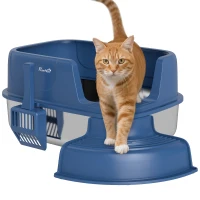 PawHut Stainless Steel Cat Litter Box, Cat Litter Box with High Side and Scoop, Anti-Leakage, Easy to Clean, Navy Blue(m-11)
