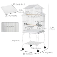 PawHut 53.9'' Large Rolling Steel Bird Cage Bird House with Detachable Rolling Stand, Storage Shelf, Wood Perch, Food Container, White(m-3)