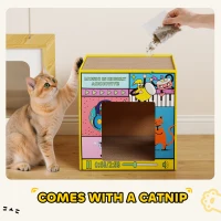 PawHut 2 in 1 Cardboard Cat House, Cat Scratcher for Indoor Cats with Scratching Board & Catnip(m-6)