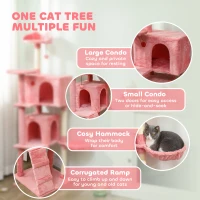 PawHut 63 Inch Cat Tree with Sisal Scratching Posts, Condos, Plush Perches, Hammock, Ladder, Dangling Balls, Pink(m-4)