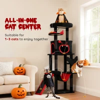 PawHut Gothic Cat Tree, 60" Tall Cat Tower with Coffin Bed,  Sisal Scratching Posts & Ramp, Condo, Hammock, Perches, Black(m-4)