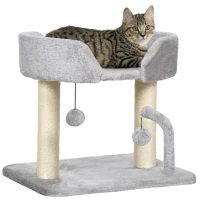 PawHut Cat Tower Condo for Indoor Cats, Small Cat Tree with Sisal Scratching Posts, Top Perch, Dangling Balls, Light Grey(m-11)