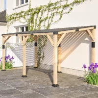 Outsunny 10' x 20' Wooden Gazebo, Hardtop Lean-to Gazebo Pergola with Galvanized Steel Sloped Roof, Light Walnut(m-9)