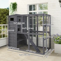 PawHut Outdoor Wooden Catio with 4 Tier Main House, Ramp, Platforms, Asphalt Roof, Ramps, Sliding Door, Window, Grey(m-3)