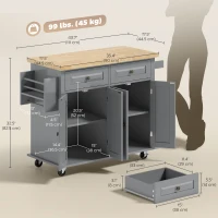 HOMCOM Kitchen Island with Storage, Rolling Trolley Cart with Rubber Wood Top, Spice Rack, Towel Rack, Grey(m-3)