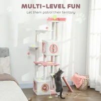 PawHut 65 Inch Cat Tree with 2 Doors Condos, Plush Top Perch, Hammock, Sisal Scratching Posts, 4 Pompoms, Ramp, White(m-4)