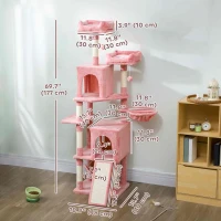 PawHut Cat Tree, 70" Multi-Level Cat Tower with 2 Condos, 2 Perches, Hammock, Toy Balls, Scratching Posts and Board, Pink(m-3)