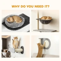 PawHut 4Pcs Cat Wall Shelves with Scratching Post & Pad, Condo, Hammock, Bed, Step, Hanging Pompoms, Perches(m-7)