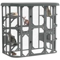 PawHut Catio Outdoor Cat Enclosure, 71" Wooden Cat House with Platforms, Condos and Waterproof Cover for 2–3 Kittens, Grey(m-11)