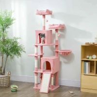 PawHut Cat Tree, 70" Multi-Level Cat Tower with 2 Condos, 2 Perches, Hammock, Toy Balls, Scratching Posts and Board, Pink(m-8)