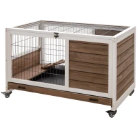 PawHut Wooden Indoor Rabbit Hutch Elevated Bunny Cage Habitat with Enclosed Run with Wheels, Ideal for Rabbits and Guinea Pigs, Brown(m-11)