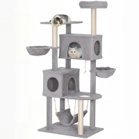 PawHut 66 Inch Large Cat Tree with 2 Door Condos, 3 Big Hammocks, Plush Top Perch, Sisal Scratching Posts, Light Grey(m-11)