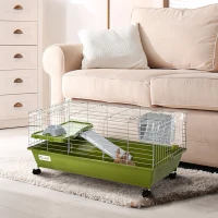 PawHut Small Animal Cage, Rolling Bunny Cage, Guinea Pig Cage with Food Dish, Water Bottle, Hay Feeder, Platform, Ramp, Green(m-1)