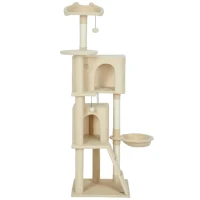PawHut 63 Inch Cat Tree with Sisal Scratching Posts, Condos, Plush Perches, Hammock, Ladder, Dangling Balls, Beige(m-2)