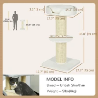 PawHut Cat Tree Kitty Tower with Sisal Mat Scratching Post, Cat Bed, Cushion, Perch, 18" x 18" x 36", Cream White(m-3)