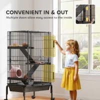 PawHut 47"H Ferret Cage, Large 4-Tier Guinea Pig Cage with Wheels, Ramps, Bowl, Water Bottle & Removable Tray, Black(m-6)