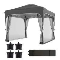 Outsunny 10 x 10 ft Pop Up Canopy Tent with Mosquito Netting, UPF 50+ Central Lock Easy Setup Outdoor Party Tent, Dark Grey(m-2)