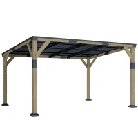 Outsunny 14' x 10' Gazebo, Lean to Galvanized Steel Hardtop Gazebo Pergola with Wood Frame, Patio Gazebo Awning, Dark Grey(m-11)