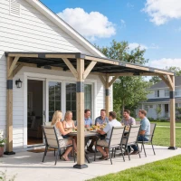 Outsunny 14' x 10' Gazebo, Lean to Galvanized Steel Hardtop Gazebo Pergola with Wood Frame, Patio Gazebo Awning, Dark Grey(m-1)