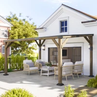 Outsunny 14' x 10' Gazebo, Lean to Galvanized Steel Hardtop Gazebo Pergola with Wood Frame, Patio Gazebo Awning, Dark Grey(m-9)