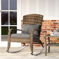 Outsunny Adirondack Chair, Outdoor Wicker Rocking Chair with High Back, Seat Cushion and Pillow for Porch, Balcony, Grey/Yellow(m-8)