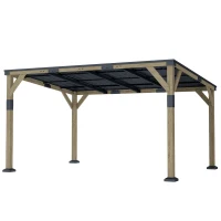 Outsunny 14' x 10' Gazebo, Lean to Galvanized Steel Hardtop Gazebo Pergola with Wood Frame, Patio Gazebo Awning, Dark Grey(m-2)