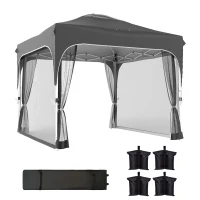 Outsunny 10 x 10 ft Pop Up Canopy Tent with Mosquito Netting, UPF 50+ Central Lock Easy Setup Outdoor Party Tent, Dark Grey(m-11)