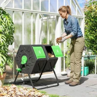 Outsunny Rotating Composter, Dual Chamber Compost Bin with 24 Vents and Steel Legs, 34.5 Gallon, Green(m-8)