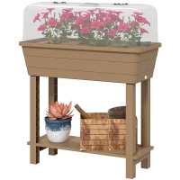 Outsunny 41L Self Watering Raised Garden Bed w/ Ventilation Transparent Lid Greenhouse, Planter Box w/ Storage Shelf, Brown(m-2)