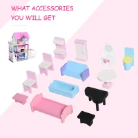 Qaba 2.9ft Kids Wooden Dollhouse Dreamhouse Villa with Patio Dollhouse with Furniture Accessories Kit for Toddler Girls Multi-level House for Children Pink(m-4)