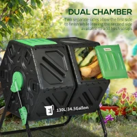 Outsunny Rotating Composter, Dual Chamber Compost Bin with 24 Vents and Steel Legs, 34.5 Gallon, Green(m-4)