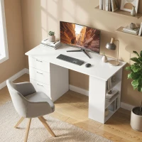 HOMCOM Computer Desk, 47" Writing Table with 3-Tier Shelves and 3 Reversible Drawers for Home Office, Bedroom, White(m-1)