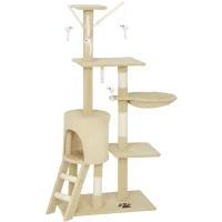 PawHut 53" Cat Tree Tower, Kitten Activity Centre with Scratching Posts, Condo, Perches, Ladder, Hammock, Dangling Toys, Beige(m-11)