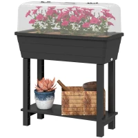 Outsunny 41L Self Watering Raised Garden Bed w/ Ventilation Transparent Lid Greenhouse, Planter Box w/ Storage Shelf, Black(m-2)