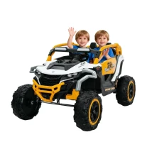 12V 2-Seater Kids Electric UTV Ride-On with Remote Control, Electric Go-Kart with Music & Flashlights, 45.5" L x 28.5" W x 24.5" H, Yellow+White(m-13)