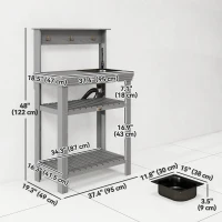 Outsunny Outdoor Potting Bench Table with Faucet, Removable Sink, Hooks and Storage Shelves, Wood Work Bench Workstation, Grey(m-3)